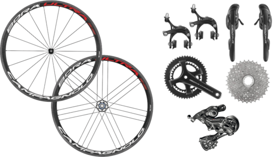 Campagnolo components: a carbon wheel set: Bora Ultra 35 for rim brake. A Campagnolo Record 12-speed rear derailleur complete with a Potenza gear/brake group-set.