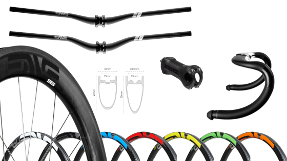Enve Components Composition: Model M7 and M9 MTB carbon handlebars, cross section rim profile SES 3.4, stem for racing bike carbon, aero handlebars with wing profile, SES 3.4 rear wheel, MTB M640 rims in various decal colors