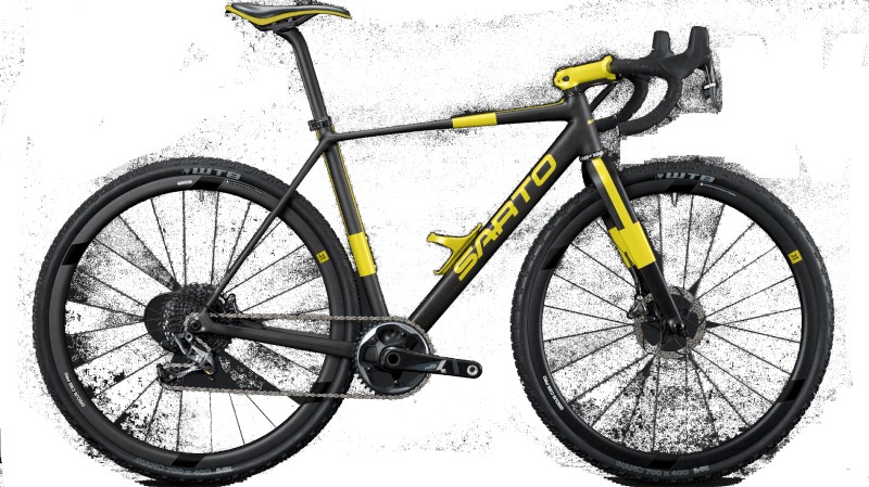 Gravelbike with disc brake from the company Sarto in italy with carbon frame. Color: Carbon and Yellow